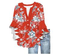 Angxiwan Work Shirts for Women Summer Tops for Women UK Fashion Floral Print Flowy Ruffle Sleeve Tunic Tunic Tops Casual Loose Fit 3/4 Length Sleeves Shirts Loose Summer UK