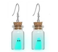 Angyape Adopt a Ghost Glow in The Dark Necklace & Earrings, Cute Ghost in A Bottle Pendant, Halloween Jewelry Set, Glass, No Gemstone