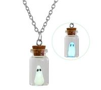 Angyape Adopt a Ghost Glow in The Dark Necklace & Earrings, Cute Ghost in A Bottle Pendant, Halloween Jewelry Set, Glass, No Gemstone