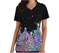 ANHATUIV Christmas Scrub Tops Womens Hospital Uniform Ladies Healthcare V Neck Nurse Christmas Tree Print Tunic Top Medical Uniform Healthcare Hairdressing Massage Therapist Spa Health Work 3XL