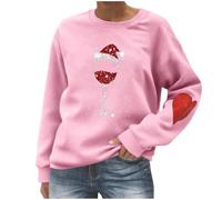 ANHATUIV Christmas Sweatshirt Xmas Long Sleeve Top Shirt Red Wine Glass Print Cute Blouse Graphic Tees Tunic Dressy Funny Blouse Sweater Ugly Xmas Sweatshirts for Holiday Party XL