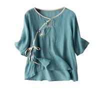 ANHATUIV Cotton Linen Half Sleeve Embroidery Shirt Women Vintage Cheongsam Tops Hanfu Chinese Traditional Tang Suit Zen Tea Button Up Blouses Ladies Elegant Oversized Shirts Blue M 1