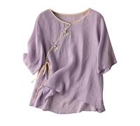 ANHATUIV Cotton Linen Half Sleeve Embroidery Shirt Women Vintage Cheongsam Tops Hanfu Chinese Traditional Tang Suit Zen Tea Button Up Blouses Ladies Elegant Oversized Shirts Purple 3XL