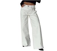 ANHATUIV Jeans for Women UK Wide Leg Denim Trousers High Waisted Casual Pants with Pocket Baggy Leg Full Length Trousers Vintage Distressed Jeans Trousers Loose Retro Trousers 50s White S