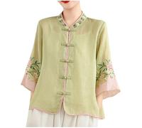ANHATUIV Ladies Blouses Chinese Floral Embroidery Shirt 3/4 Sleeve Frog Button Mandarin Collar Cotton Linen Casual Frog Button Chinese Traditional Martial Arts Kung Fu Tai Chi Tang Suit Shirt Green
