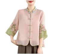 ANHATUIV Ladies Blouses Chinese Floral Embroidery Shirt 3/4 Sleeve Frog Button Mandarin Collar Cotton Linen Casual Frog Button Chinese Traditional Martial Arts Kung Fu Tai Chi Tang Suit Shirt Pink