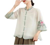ANHATUIV Ladies Blouses Chinese Floral Embroidery Shirt 3/4 Sleeve Frog Button Mandarin Collar Cotton Linen Casual Frog Button Chinese Traditional Martial Arts Kung Fu Tai Chi Tang Suit Shirt White