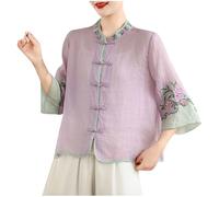 ANHATUIV Ladies Blouses Chinese Floral Embroidery Shirt 3/4 Sleeve Frog Button Mandarin Collar Cotton Linen Casual Frog Button Chinese Traditional Martial Arts Kung Fu Tai Chi Tang Suit Shirt Purple