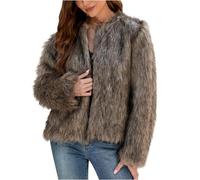 ANHATUIV Ladies Faux Fur Coats And Jackets Wedding Guest Short Artificial Fur Overcoat Solid Thick Outerwear Shaggy Parka Cardigan Jacket Crewneck Open Front Cardigan Outwear Winter Brown M