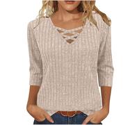 ANHATUIV Ladies Tops 3/4 Sleeve Top Knitted Jumpers Women Sweaters V Neck Shirts Dressy Casual Blouses Loose Fit Tunic Tops Criss Cross Lightweight Loose Blouse Activewear Work Tunic Pullover Beige L