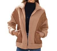 ANHATUIV Pink Ladies Jacket Womens Zip Hoodies Patchwork Teddy Fleece Jacket Plus Size Sherpa Fleece Coats Double Zipper Long Sleeve Cardigan Warm Stand Collar XL