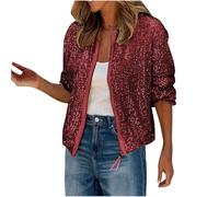 ANHATUIV Sequin Jacket for Women Uk Sparkly Sequin Bomber Jacket Coat Long Sleeve Front Zip Up Ladies Glitter Tops Biker Shiny Clubbing Metallic Festival Outfit Going Out Clearance
