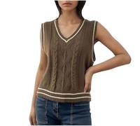 ANHATUIV Sleeveless Knitted Vest Tops for Women UK Cable Knitted Waistcoat Sweater Solid Elegant V Neck Jumper Tanks Shirts Chunky Knitted Camisole Tops School Style Gilet Knitwear Coffee L