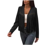 ANHATUIV Tassel Leather Jacket For Women Vintage Faux Suede Studded Fringe Jackets Leather Moto Jacket Vintage Hippie Biker Jacket Open Front Long Sleeve Tops Outerwear Casual Cowgirl Shirts Black XL