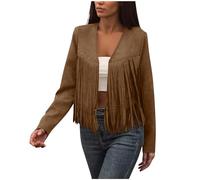 ANHATUIV Tassel Leather Jacket For Women Vintage Faux Suede Studded Fringe Jackets Leather Moto Jacket Vintage Hippie Biker Jacket Open Front Long Sleeve Tops Outerwear Casual Cowgirl Shirts Brown L