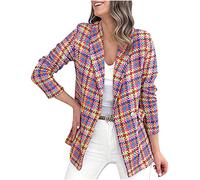 ANHATUIV Tweed Blazer Women Colorful Checked Suit Jacket Cardigan Blouse Ruffle V Neck Blazers Coat Workwear Full Sleeve Button Closure Formal Jackets Plaid Trendy Business Coats Plus Size