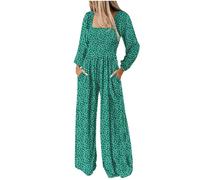 ANHATUIV Wide Leg Jumpsuits Women Shirred Top Long Sleeve Romper Trousers Square Neck Leopard Overalls Pants Baggy Casual Romper Pants Going Out Business Jumpsuits Holiday Army Green XXL