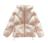 ANHATUIV Women Diamond Quilted Jacket Women's Quilted Metallic Shiny Puffer Jacket Winter Warm Full Zipper Stand Collar Padded Short Coat M