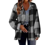 ANHATUIV Women Plaid Coats Checked Flannel Shirts for Women Long Sleeve Shacket Plaid Shirt Blouses Turn Down Collar Buttons with Pockets Coats Loose Fall Winter Outwear L