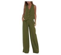 ANHATUIV Women Sets Outfits 2 Piece Elegant Waistcoat Trouser Suit for Women V Neck Sleeveless Vest Wide Leg Trouser 2 Piece Blazer Suit Summer Matching Sets Cotton Linen Pants Set Army Green S