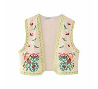 ANHATUIV Women Vintage Embroidered Waistcoat Floral Gilets Open Front Sleeveless Cardigan Boho Summer Short Vest French Fashion Y2K Flower Embroidered Cardigan Sleeveless Cotton Vests Top S