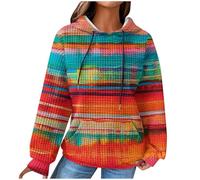 ANHATUIV Womens Hoodies Waffle Knitted Sweater Oversized Sweatshirt with Pockets Drawstring Waffle Long Sleeve Pullover Vintage Casual Rainbow stripe print Sweatshirts Trendy Fall Jumper Top Orange L