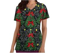 ANHATUIV Women's Scrub Top with Pockets Ladies Casual Loose V Neck Top Christmas Print Short Sleeve Pocket Loose Top Workwear Holiday Blouse Women's Scrubs Uniforms Scrub Tops XL