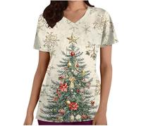 ANHATUIV Women's Scrub Top with Pockets Ladies Casual Loose V Neck Top Christmas Print Short Sleeve Pocket Loose Top Workwear Holiday Blouse Women's Scrubs Uniforms Scrub Tops M