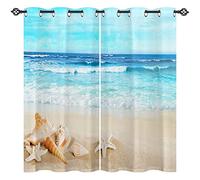 ANHOPE Beach Curtains Eyelet 80% Blackout Room Darkening Curtains Coastal Tropical Ocean Sand Beach Shell Print Pattern Light Blocking Window Drapes for Bedroom Living Room 66 x 54 Inch Drop 2 Panels