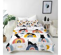 ANHOPE Black Cat Duvet Cover Set Soft Breathable Microfibre Quilt Cover with 2 Pillowcase Cute Animal Fantasy Rainbow Print Pattern 3 Pcs Bedding Set with Zipper Closure Single 135 x 200 cm