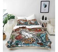 ANHOPE Chinese Style Duvet Cover Set Soft Lightweight Microfibre 3 Piece Bedding Set with 2 Pillowcase Dragon Tiger Waterfall Rock Cloud Print Pattern All Season Quilt Cover with Zipper Closure Double