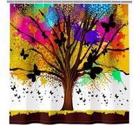 ANHOPE Colorful Tree Shower Curtain Waterproof Anti Mould Mildew Resistant Bathroom Curtain Watercolor Tree Butterfly Print Pattern Polyester Fabric Bathtub Set with 12 Hooks 180 x 200 cm