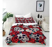 ANHOPE Day of Dead Duvet Cover Set Soft Comforter Cover Sugar Skull Red Rose Print Pattern 3 Piece Bedding Set with Pillowcase All Season Quilt Cover with Zipper for Kids Adults King Size