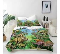 ANHOPE Dinosaur Duvet Cover Set 3 Piece Bedding Set with 2 Pillowcases Jungle Animal Dino Print Pattern Soft Breathable Microfibre Quilt Cover with Zipper Closure Double
