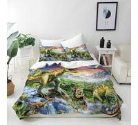 ANHOPE Dinosaur Duvet Cover Set Single 135x200cm with 2 Pillowcases | Soft Breathable Microfibre Fabric, Jungle T-Rex Mountain Waterfall Print, Kids Boys Girls Quilt Cover with Zipper Closure