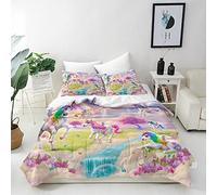 ANHOPE Fairy Tale Pegasus Unicorn Duvet Cover Set, Single 135x200cm | Soft Breathable Microfibre, Rainbow Cloud Floral Butterfly Print, 2 Pillowcases 50x75cm, Kids Girls Bedding Quilt Cover Set