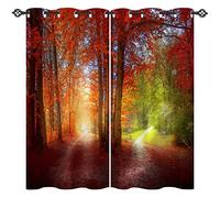 ANHOPE Fall Curtains Eyelet 80% Blackout Room Darkening Curtains with Autumn Forest Fallen Leaf Path Print Pattern Thermal Insulated Window Drapes for Bedroom Living Room 46 x 54 Inch Drop 2 Panels