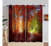 ANHOPE Fall Curtains Eyelet 80% Blackout Room Darkening Curtains with Autumn Forest Fallen Leaf Path Print Pattern Thermal Insulated Window Drapes for Bedroom Living Room 46 x 84 Inch Drop 2 Panels