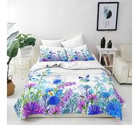 ANHOPE Floral Duvet Cover Set Soft Lightweight Microfibre 3 Piece Bedding Set with 2 Pillowcase Watercolor Flower Butterfly Dragonfly Print Pattern All Season Quilt Cover with Zipper Closure Single