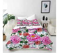 ANHOPE Flower Duvet Cover Set Single 135x200cm with 2 Pillowcases | Soft Breathable Microfibre Fabric, Pink Red White Peony Floral Print, Kids Girls Quilt Cover with Zipper Closure
