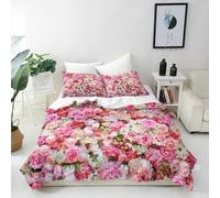 ANHOPE Flower Rose Duvet Cover Set 3 Pcs Microfibre Bedding Set with 2 Pillowcases Pink Red Floral 3D Print Pattern Soft Breathable Quilt Cover with Zipper Closure Super King