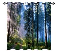 ANHOPE Forest Curtains Eyelet Ring Top Thermal Insulated 80% Blackout Curtains with Woodland Tree Sunrise Paths Print Pattern Room Darkening Window Drapes for Bedroom Living Room 46 x 72 Inch 2 Panels
