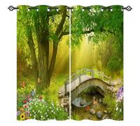 ANHOPE Forest Curtains Eyelet Soft Thermal Insulated Blackout Curtains Nature Sunshine Tree Bridge Butterfly Flower Print Pattern Ring Top Window Drapes for Bedroom Living Room 46 x 63 Inch 2 Panels