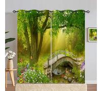 ANHOPE Forest Curtains Eyelet Soft Thermal Insulated Blackout Curtains Nature Sunshine Tree Bridge Butterfly Flower Print Pattern Ring Top Window Drapes for Bedroom Living Room 66 x 90 Inch 2 Panels
