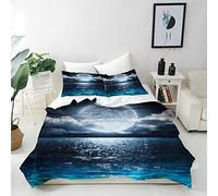 ANHOPE Full Moon Duvet Cover Set Soft Comforter Cover Ocean Sea Night Print Pattern 3 Piece Bedding Set with Pillowcase All Season Decor Quilt Cover with Zipper for Kids Adults Single Size