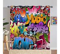 ANHOPE Graffiti Curtains Eyelet 80% Blackout Room Darkening Curtains Hip Hop Hippie Doodle Print Pattern Light Blocking Window Drapes for Kids Boys Girls Bedroom Living Room 66 x 90 Inch Drop 2 Panels