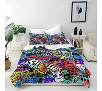 ANHOPE Graffiti Duvet Cover Set Single 135x200cm 2 Pillowcases | Monster Football Car Guitar Gamepad Print, Soft Microfibre Fabric, Kids Boys Girls Quilt Cover Set with Zipper Closure