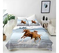 ANHOPE Horse Bedding Set 2 Piece Duvet Cover 135 x 200 cm + Pillowcase 80 x 80 cm Animal Mare & Pony Running Print Pattern Kids Boys Girls Adults Quilt Cover with Zipper Closure