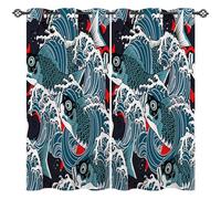 ANHOPE Japanese Curtains Eyelet 80% Blackout Room Darkening Curtains Colored Carp Fish Ocean Wave Print Pattern Thermal Light Blocking Window Drapes for Bedroom Living Room 42 x 63 Inch Drop 2 Panels