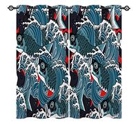 ANHOPE Japanese Curtains Eyelet 80% Blackout Room Darkening Curtains Colored Carp Fish Ocean Wave Print Pattern Thermal Light Blocking Window Drapes for Bedroom Living Room 46 x 63 Inch Drop 2 Panels